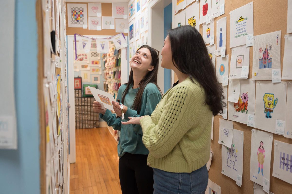Stitch Social BR co-creator Caroline Cantrelle, right, helps member Rebecca Atkins pick out a new pattern for her latest project, Monday, March 17, at the Elegant Needle.
