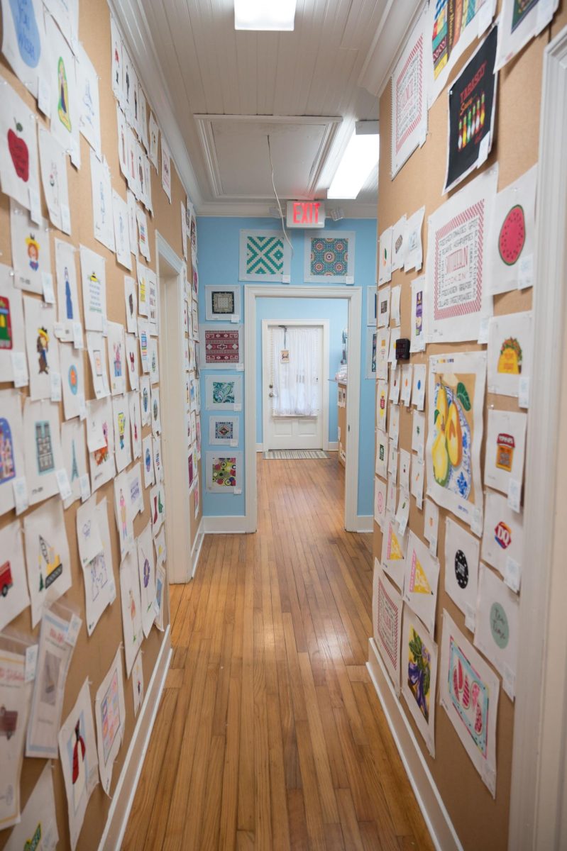 The walls of the Elegant Needle are lined with painted patterns for purchase, featuring various themes and colors.